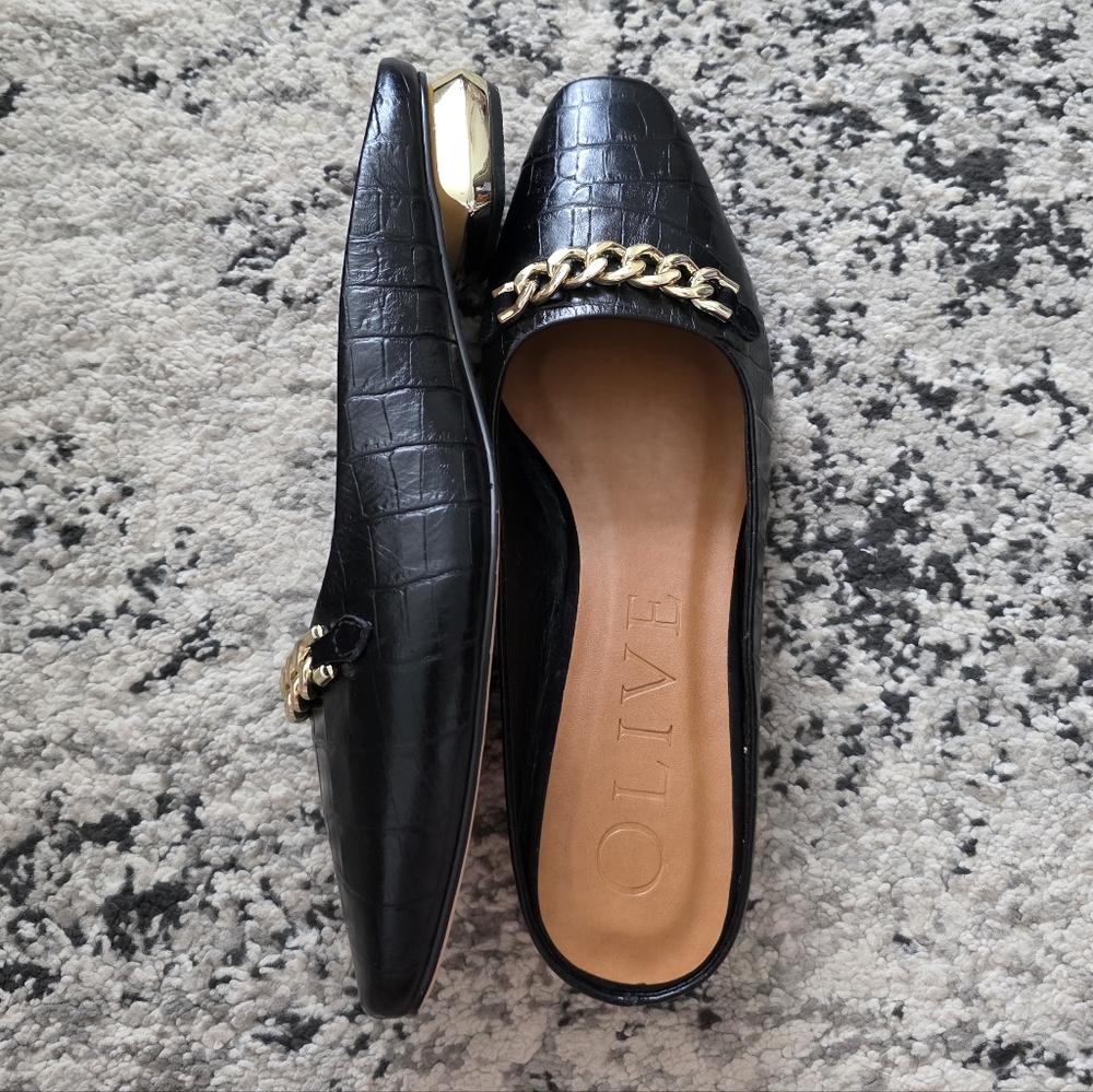 Leather Chain Mules Gold Tone Black Mini Block Heel Womens 8 Gothic City Chic
